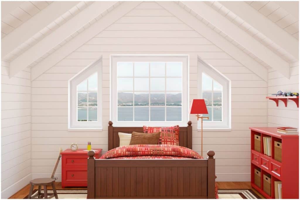 white attic bedroom red dresser and night stand